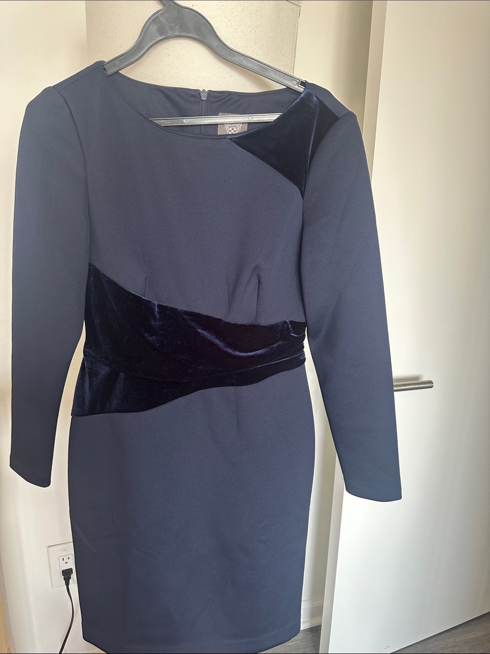 Vince Camuto Navy Long-Sleeve Sheath Dress with Velvet Panels